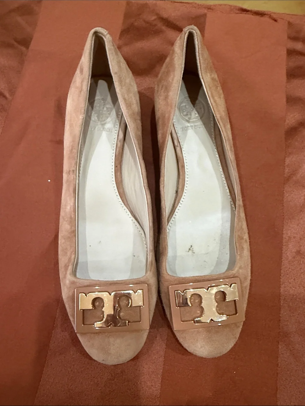 Tory Burch Blush Suede Logo Buckle Flats used condition.